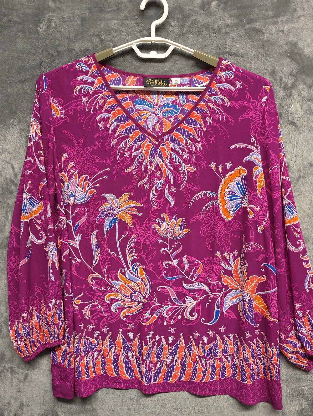 Bob Mackie Magenta Floral V‑Neck Tunic with Orange & Blue Accents